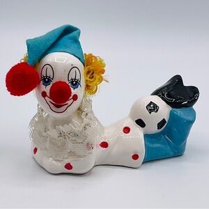 Vtg Clown Figure Laying Doll Soccer Ball Felt Hat Yarn Hair Pom Nose 4 in Circus